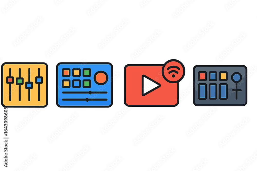 Poster creative digital interface icons representing media controls and streaming platforms in vibrant colo