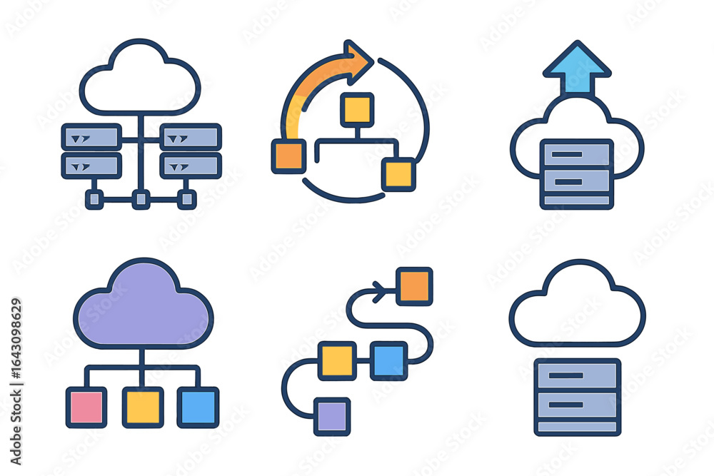 Poster visual representation of cloud computing architecture with various icons illustrating data flow and 