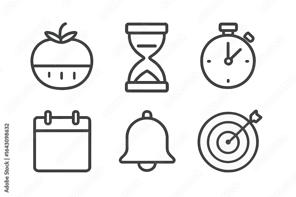 Poster icons representing time management tools for productivity and organization in daily life routines