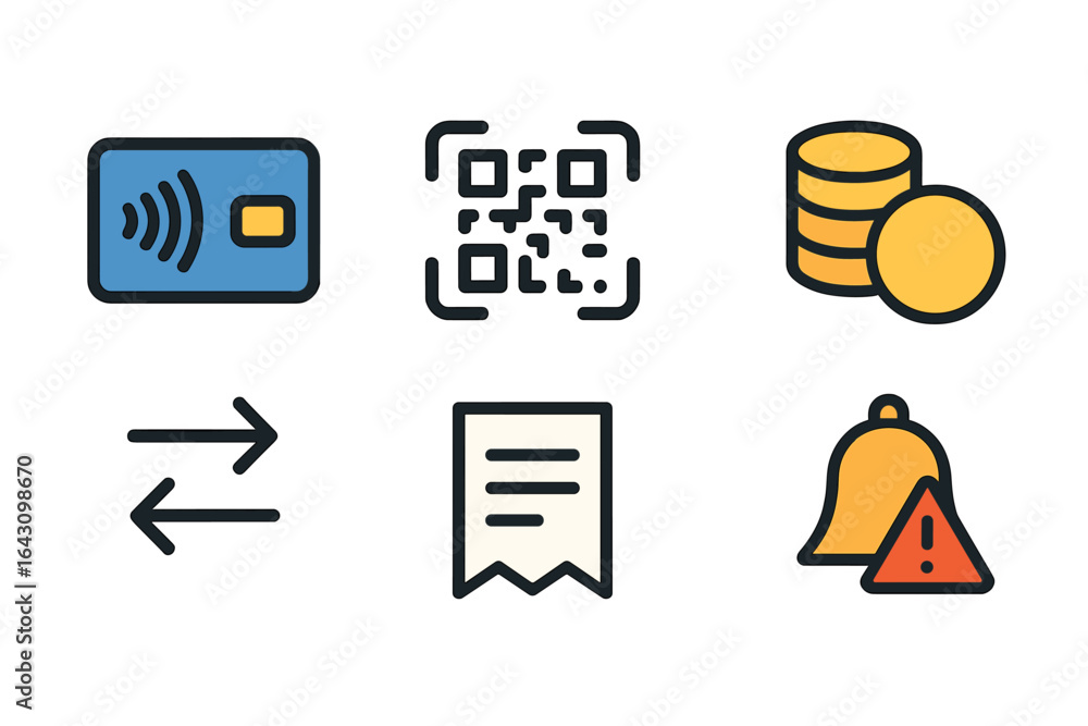 Poster digital payment methods including contactless card, qr code, and various currency symbols displayed 