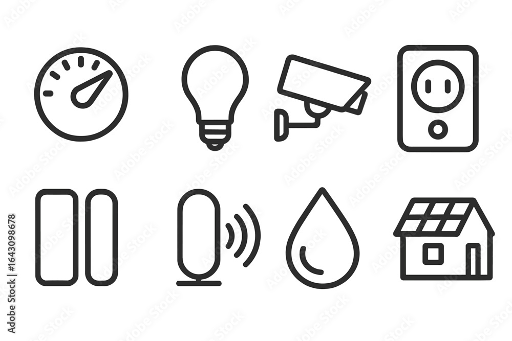 Poster icons representing various home automation features and utilities set against a plain background for