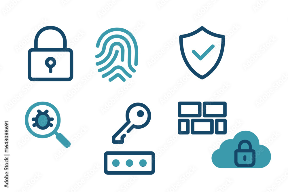 Poster digital security symbols representing various aspects of online safety and protection in a modern de