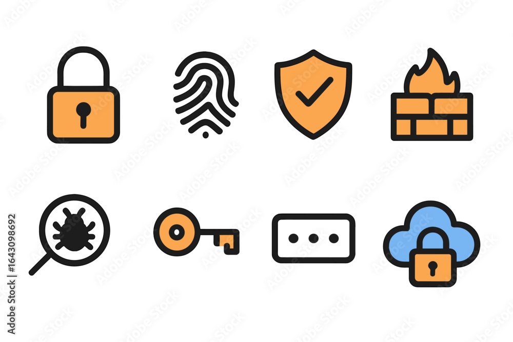 Poster collection of cybersecurity icons representing various aspects of digital protection and security me