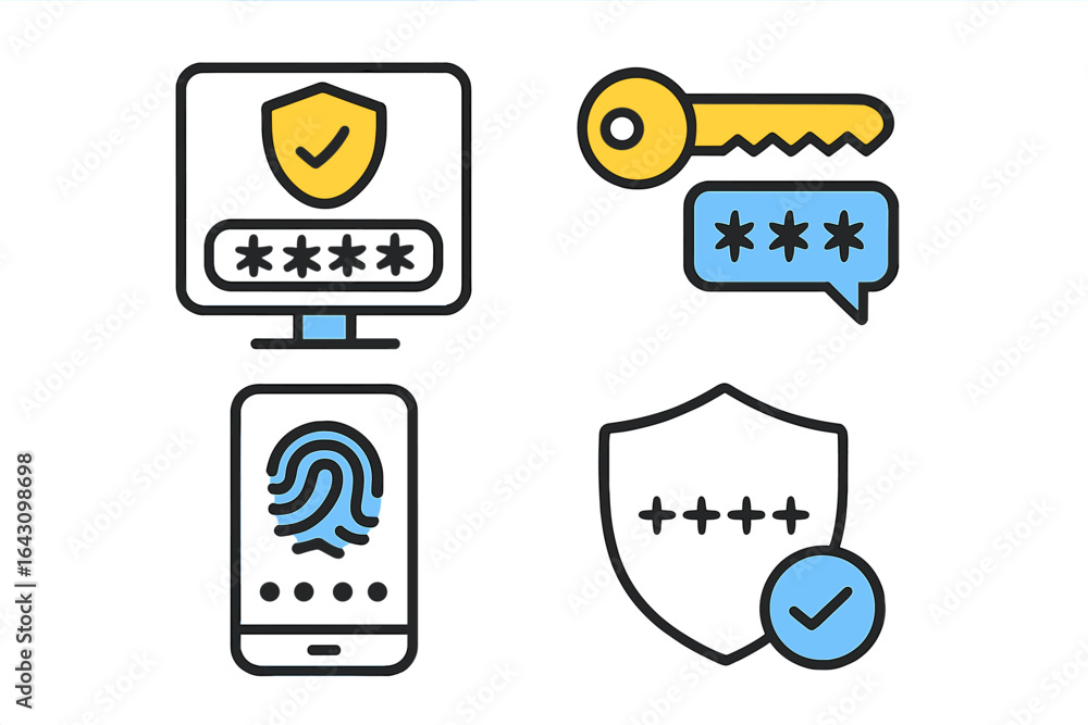 Poster digital security icons representing password protection, two-factor authentication, and data safety 