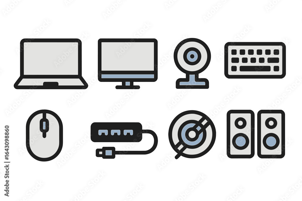 Poster various digital devices arranged in a neat layout showcasing essential computer equipment for connec