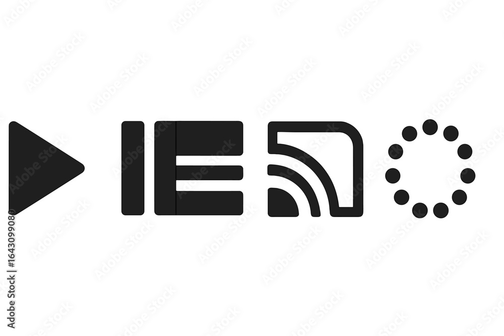 Poster simple black icons representing play, pause, and loading status for digital interfaces