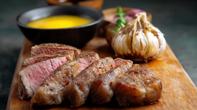 A juicy grilled steak on wooden board with roasted garlic and melted butter medium rare perfection with mouthwatering presentation
