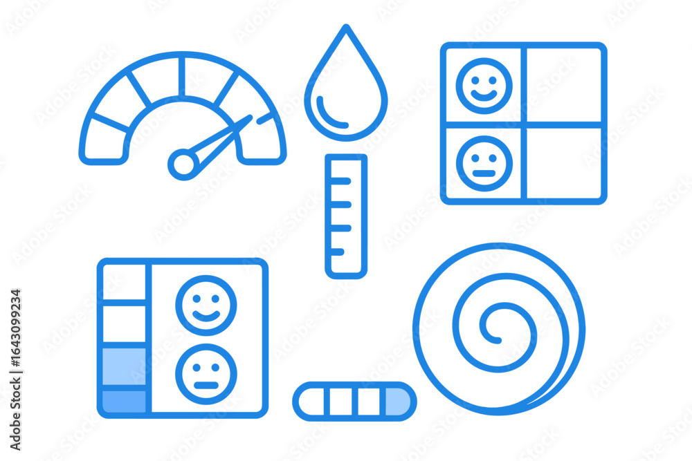 Poster blue icons representing various metrics and gauges in a simple, minimalist design for data visualiza