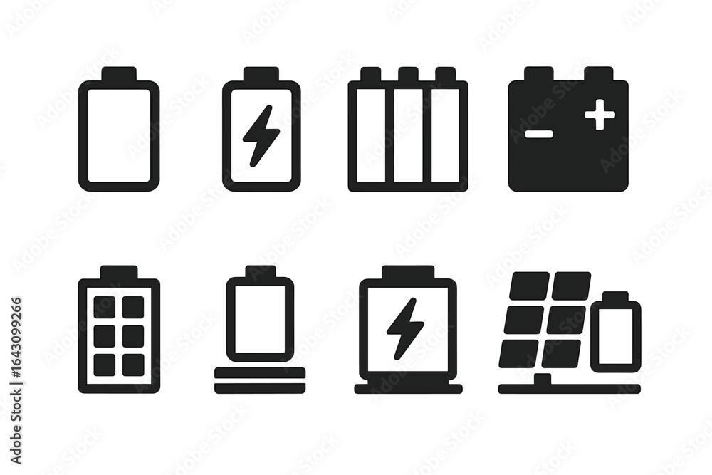 Poster battery icons representing various energy sources and storage types in a simple, minimalist design
