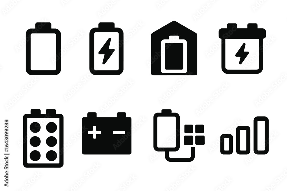 Poster various battery icons representing charging status and battery types in a minimalistic style
