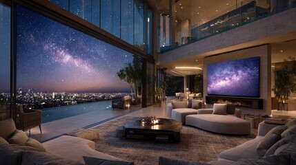Modern home's interior at night, showcasing a vast city & Milky Way view