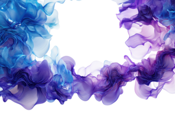 Abstract blue and purple ink swirls isolated on transparent background. Border blue purple fluid wave movement isolated on white background.