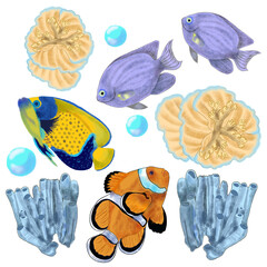 Watercolor digital artwork capturing the beauty and intricate textures of tropical sea life, featuring vibrant clownfish, colorful marine fish, coral reefs, and shimmering ocean water, elegantly arra