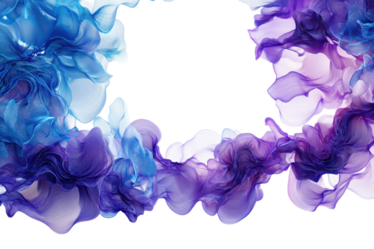 Abstract blue and purple ink swirls isolated on transparent background. Border blue purple fluid wave movement isolated on white background.
