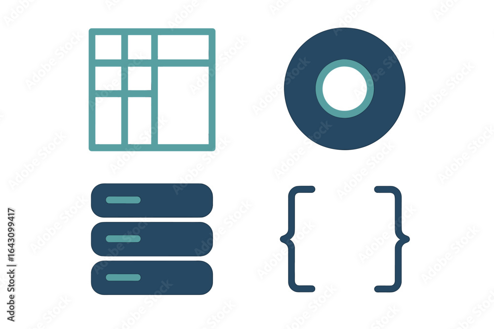 Poster design elements showcasing icons representing data organization, storage, and visual representation 