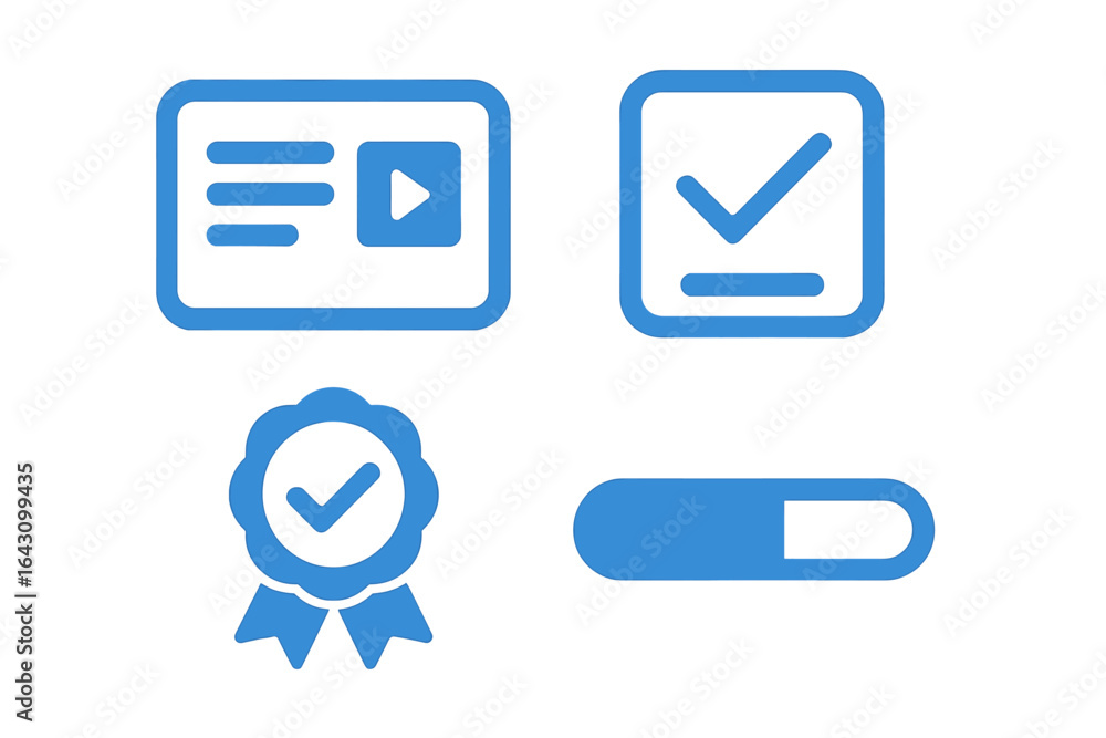 Poster various blue icons representing verification, approval, and completion for digital tasks and user in