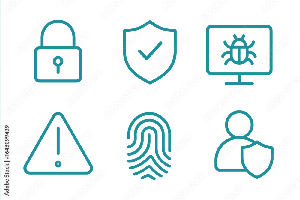Poster security icons representing various aspects of digital safety and protection measures, illustrating 