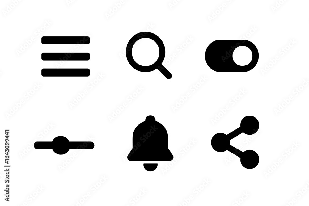 Poster icons representing various user interface functions and features in modern applications