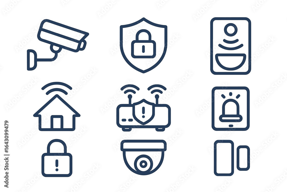 Poster various icons representing home security systems with cameras, alarms, and protective elements displ