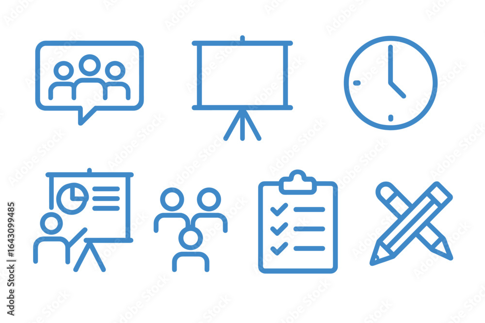 Aufkleber visual elements representing a business meeting setup with presentation tools and time management sy