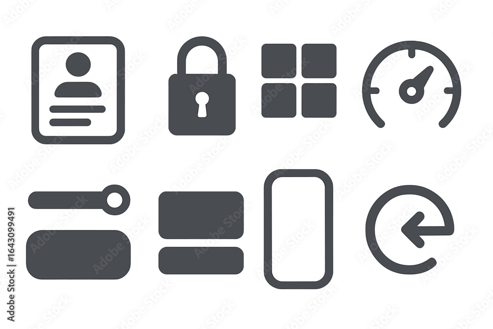 Poster collection of various interface icons representing security, user profiles, and navigation features 