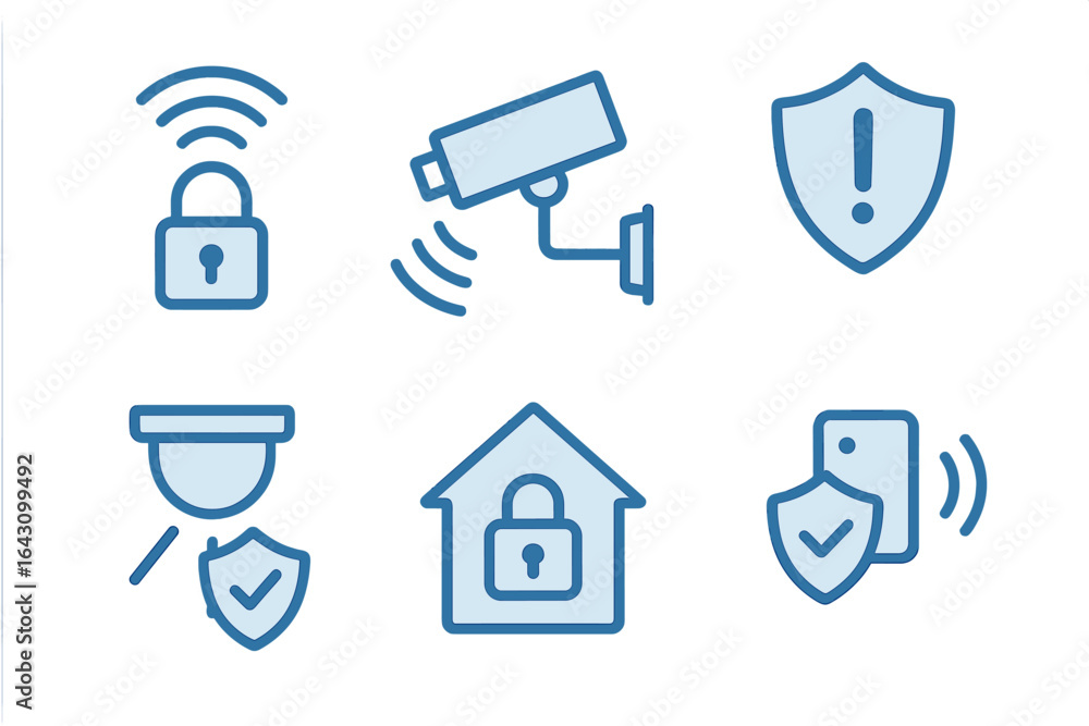 Poster visual representation of home security concepts including lock, camera, and shield icons in a modern