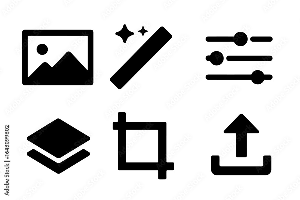 Poster various icons representing photo editing tools commonly used in digital design and media creation wo