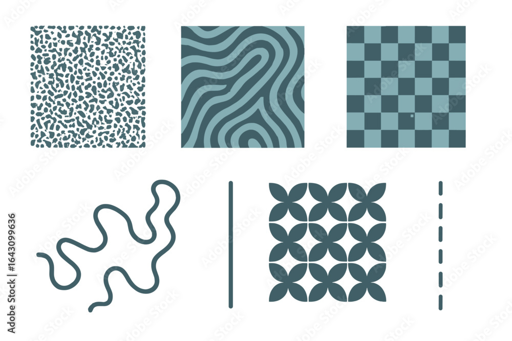 Poster patterns in teal and gray showcasing various designs and textures on a clean background