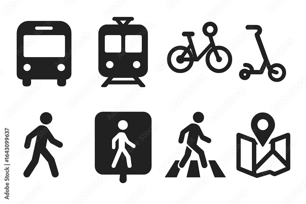 Poster various modes of urban transportation illustrated in a simple and clear icon style for commuters