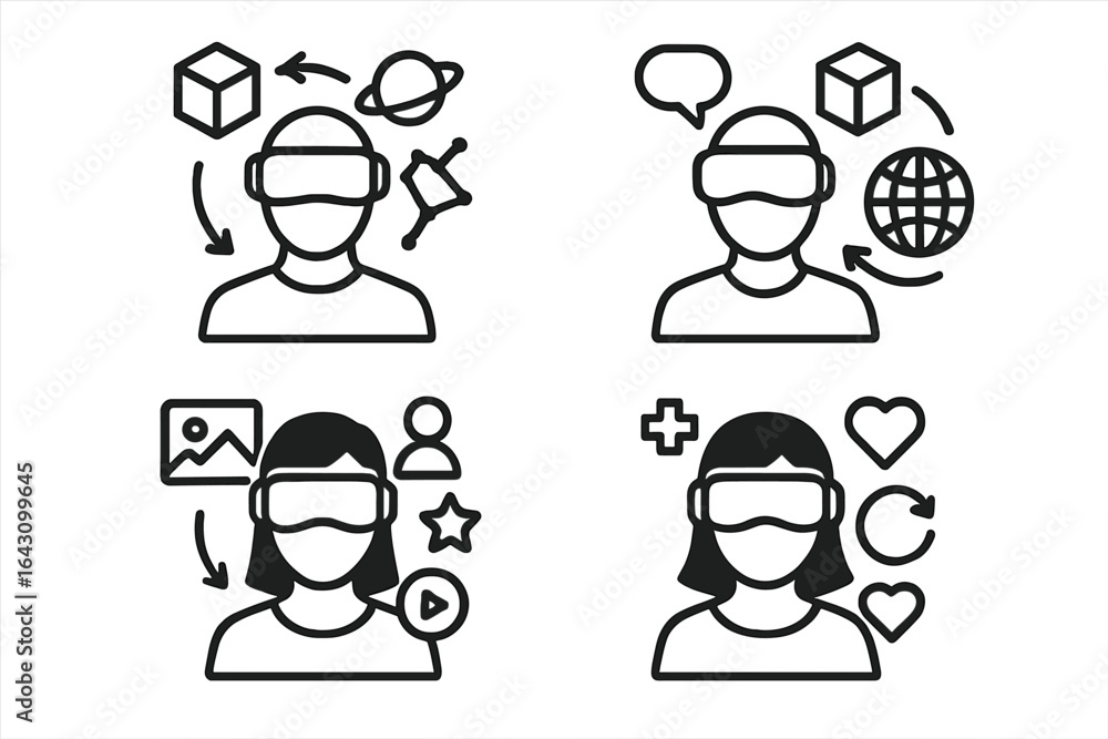 Poster virtual reality experiences highlighting user interaction in various scenarios with technology in mo