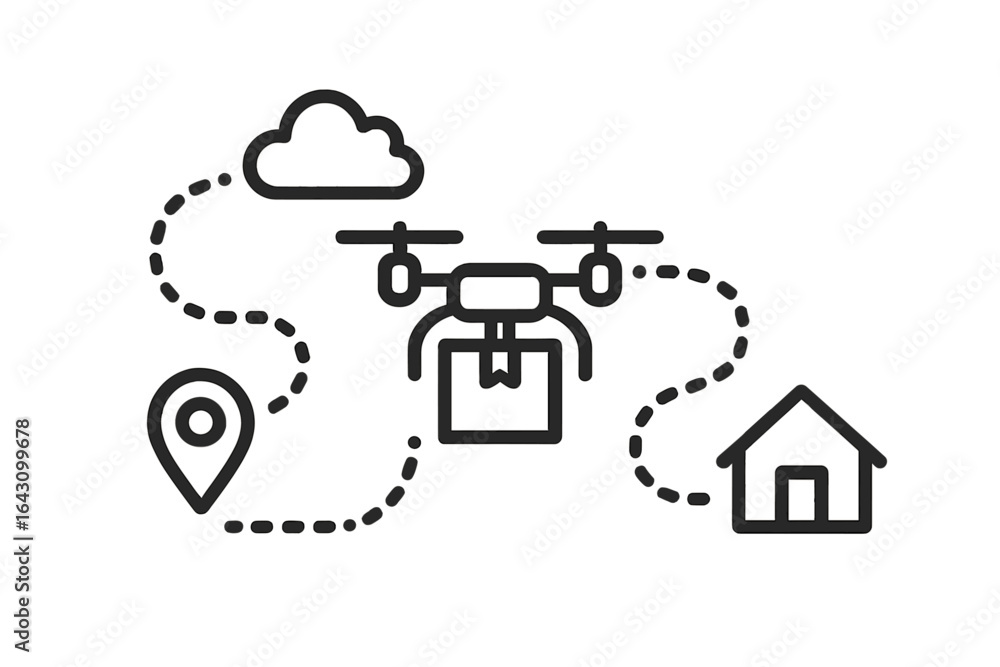 Poster drone delivering a package to a house with an outlined route and location marker in the background