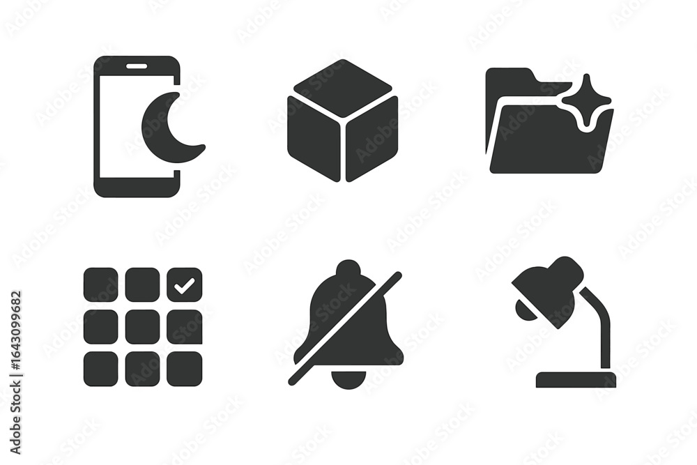 Poster icons representing various digital interface elements used in mobile applications and user interface