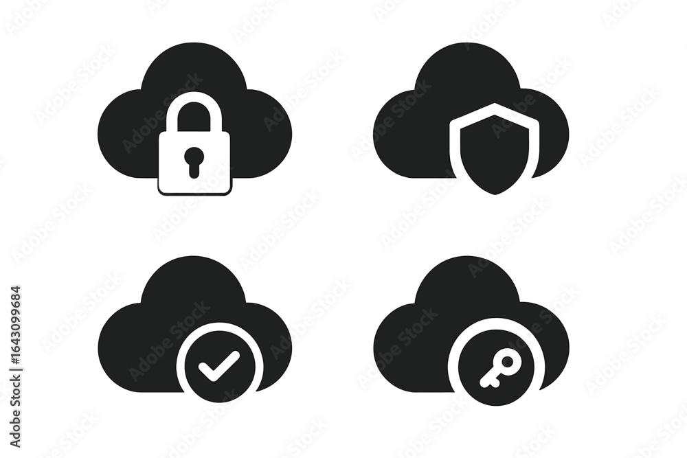 Poster various cloud security icons representing data protection and access control measures in a digital e