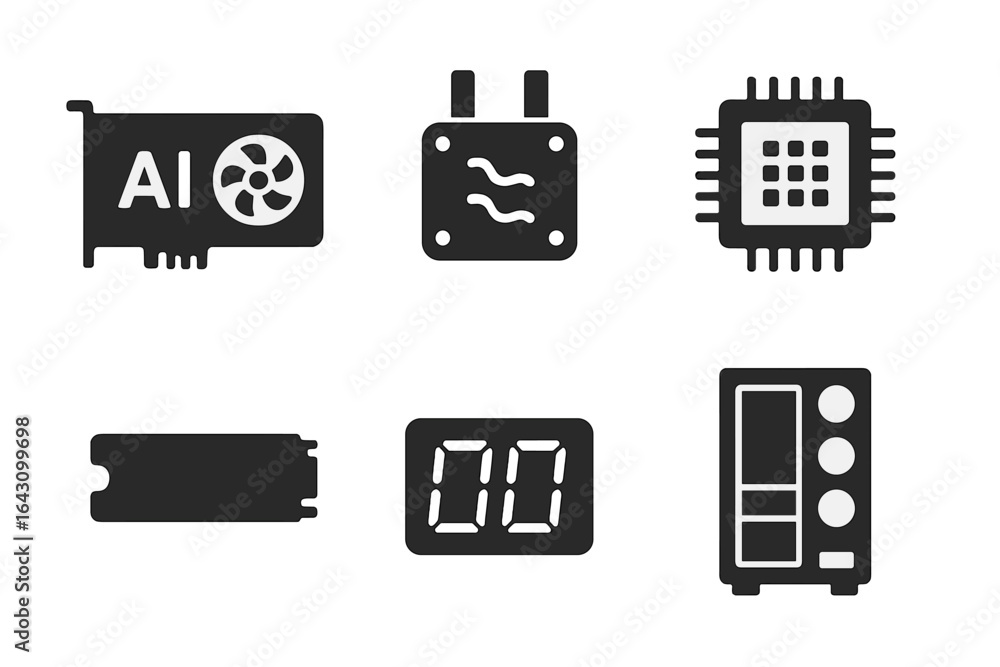 Poster graphic representation of various computer hardware components related to artificial intelligence an