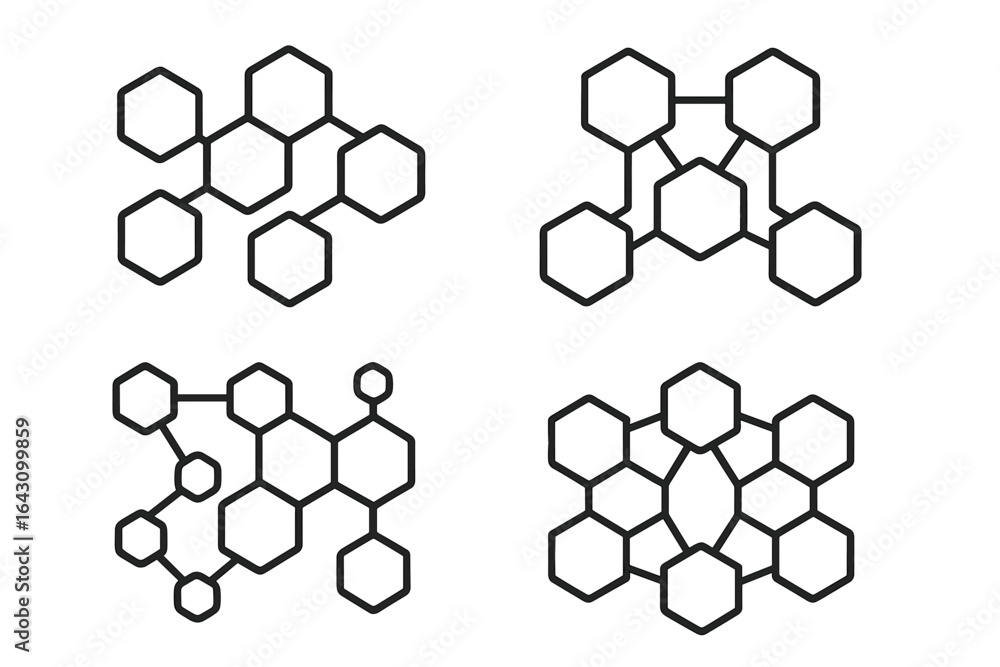Poster abstract representation of molecular structures showcasing various interconnected designs, ideal for
