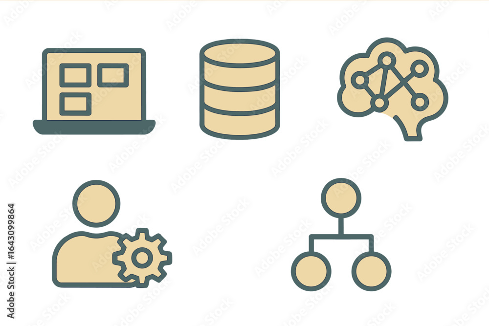 Poster icons representing data management, machine learning, and user interface concepts in modern technolo