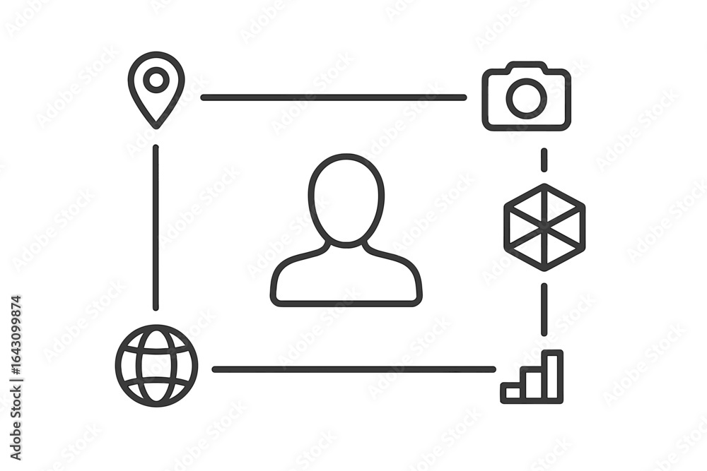 Poster exploring digital identity through symbols and connections in a modern context