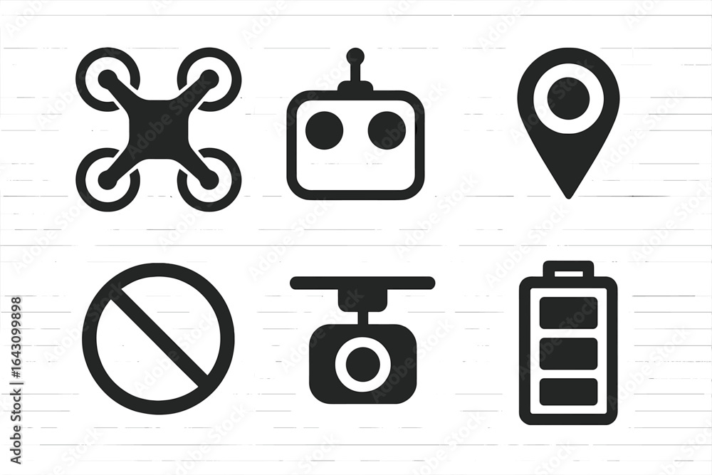 Poster different drone-related icons showcasing various features and functionalities on a white background 