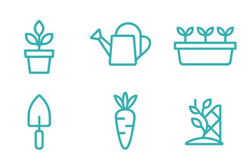 Garden tools and plants illustrated in a minimalistic style for gardening enthusiasts and educational purposes