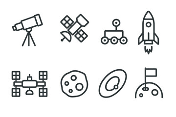 Fototapeta premium Icons depicting space exploration tools including rockets, telescopes, and satellites for educational purposes