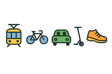 Naklejka premium Exploring various modes of transport from tram to bicycle, car, scooter, and walking shoe in a modern urban setting