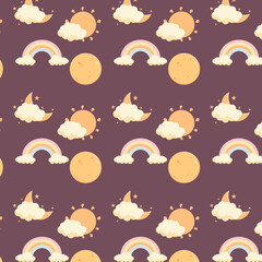 Seamless celestial pettern with sun,moon and rainbow 
