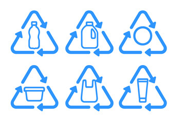 Recycling symbols for different plastic containers representing sustainable practices in waste management