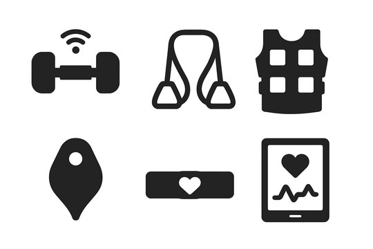Fitness equipment icons showcasing modern workout tools and health tracking devices used for gym exercises and personal training