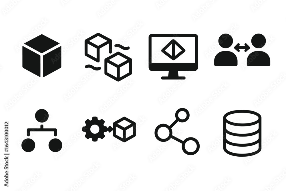 Poster digital icons representing data management, collaboration, and modular design concepts in a modern s