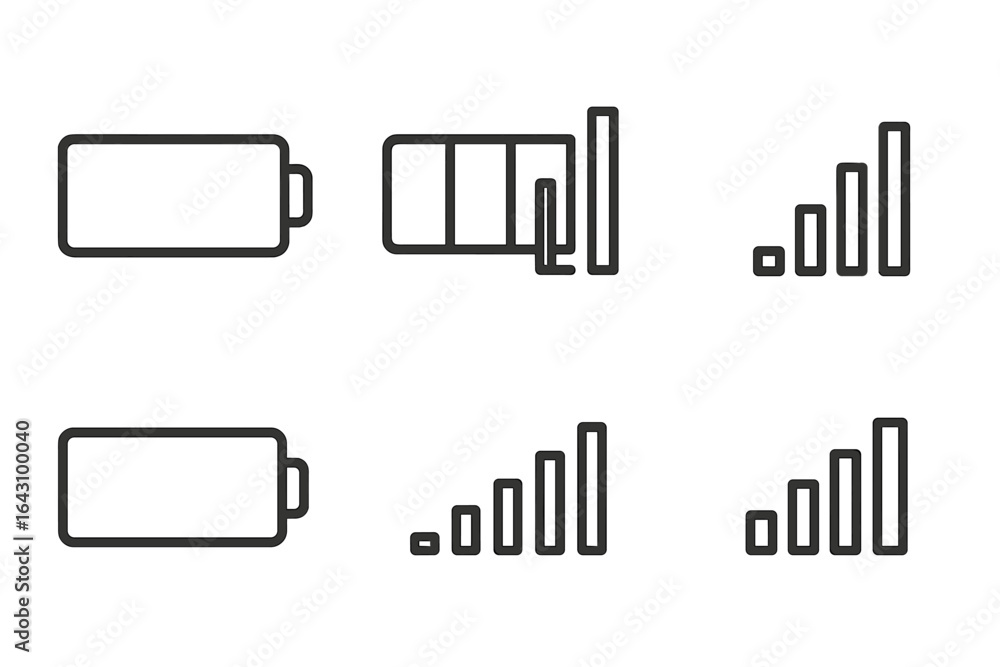 Poster icons representing battery and signal strength status in a minimalistic design for user interface ap