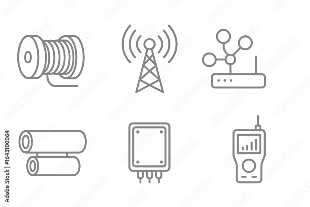 Poster various communication technology components showcased in a minimalistic design featuring cable spool