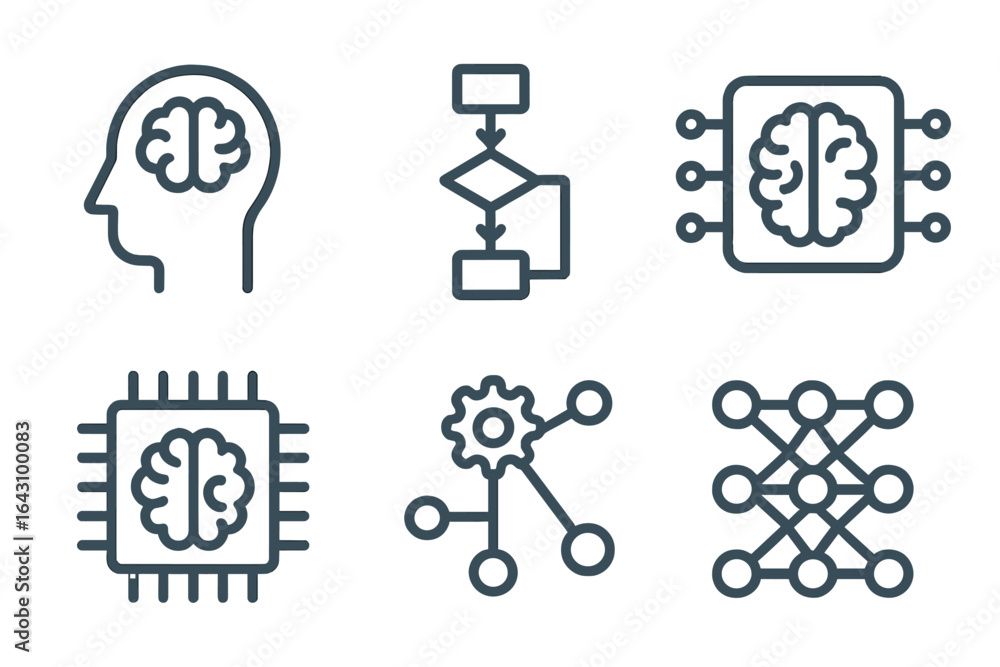 Poster various illustrations depicting concepts related to artificial intelligence and brain functions in a