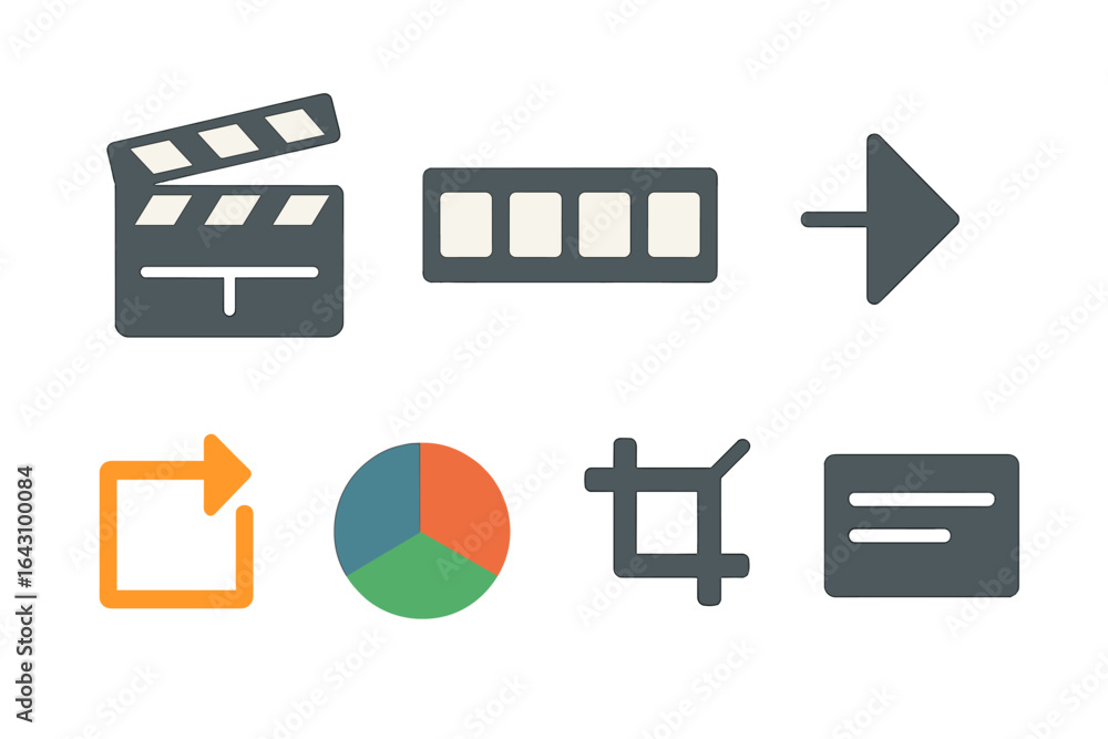 Aufkleber symbols representing media production processes including editing, sharing, and presentation in a di