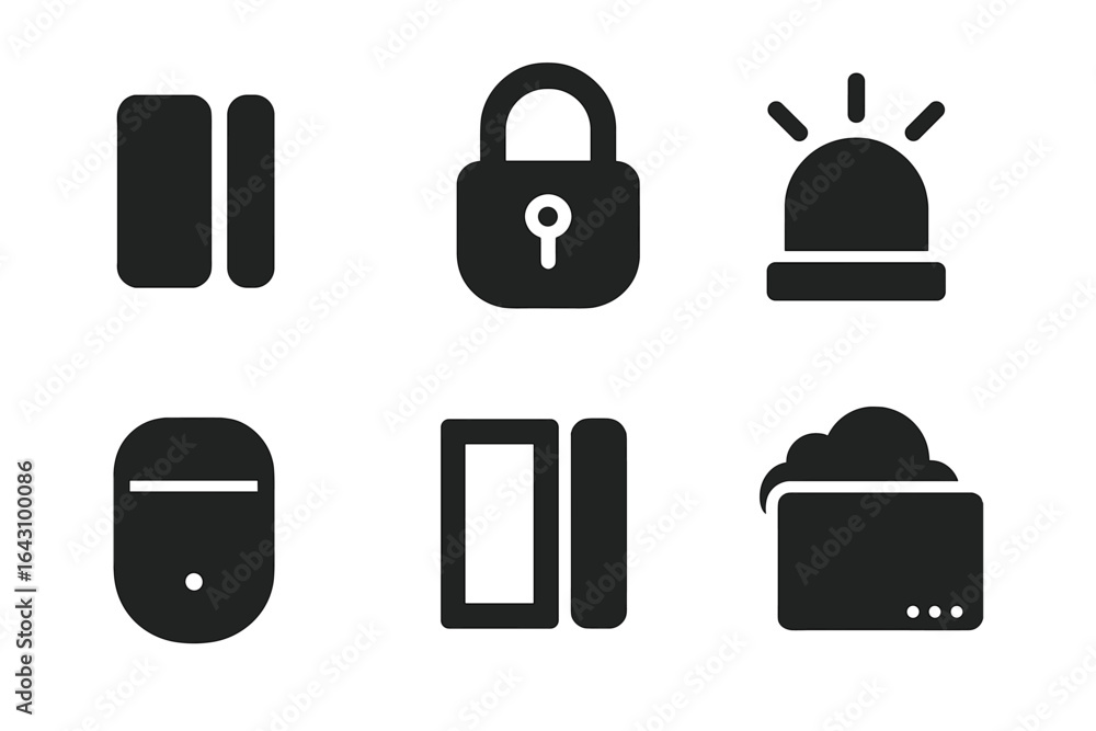 Poster collection of simple black icons representing security features and alerts for digital interface des